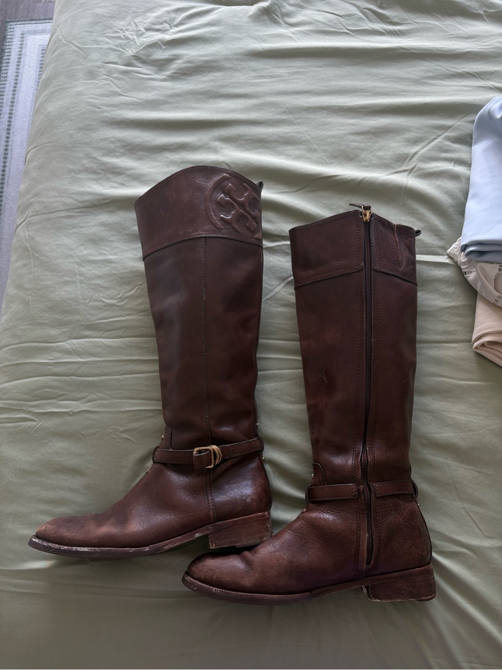 Tory Burch Brown Leather Tall Riding Boots with Logo Medallion